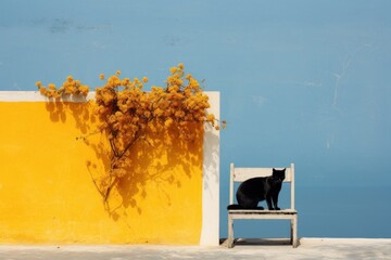 a black cat sitting on a white bench next to a yellow and blue wall with a plant growing on it.