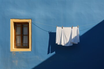  clothes hanging out to dry on a clothes line in front of a blue wall with a window and a window pane.
