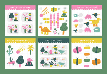 Learn dinos games set for kids. Cute hand drawn doodle funny Jurassic era dinosaur puzzle. Educational worksheet, mind task, riddle, strategy quiz, mental teaser, challenge, brain trainer for children
