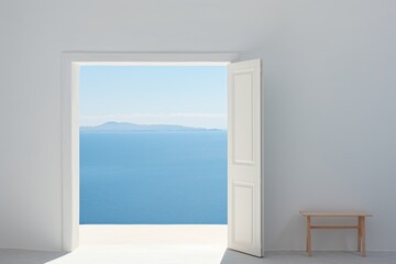  an open door leading into a room with a view of a body of water and a mountain in the distance.