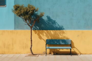  a blue bench sitting in front of a blue and yellow wall with a tree next to it and a shadow of a tree on the wall.