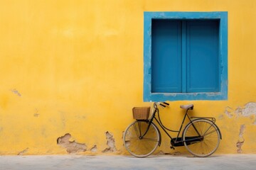  a bike parked next to a yellow wall with a blue window and a basket on the front of the bike.