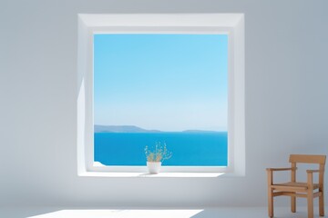  a chair sitting in front of a window with a view of a body of water in the distance and a potted plant in the foreground.