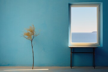  a blue room with a window and a small tree in front of a blue wall with a view of the ocean.