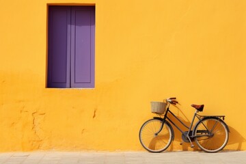  a bike parked next to a yellow wall with a purple window and a basket on the front of the bike.