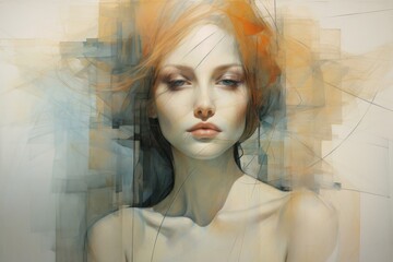  a digital painting of a woman's face with hair blowing in the wind and a background of squares and rectangles.