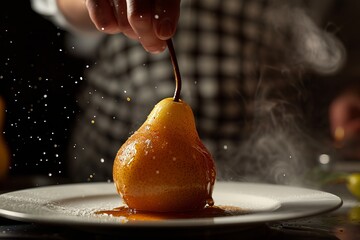 Chef garnishing a caramelized pear on a plate, with a dramatic and artistic sprinkle of sugar.