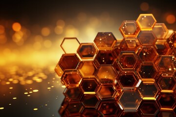  a bunch of glass hexagonals sitting on top of each other in front of a yellow and black background.
