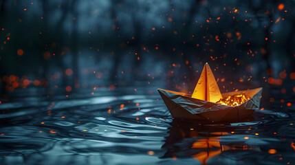 Ablaze paper ship on a lake at night view - obrazy, fototapety, plakaty