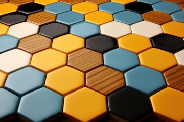  a close up of a wooden table top with a pattern of hexagonal tiles on the top of it.