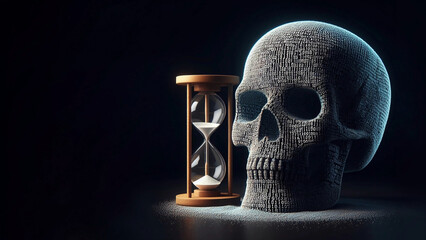 Illustration of a digital skul and a sand clock Hourglass. - obrazy, fototapety, plakaty