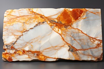  a close up of a marble block with orange and white swirls on the edges of the slab of marble.