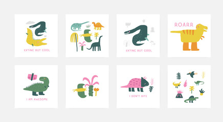 Dino postcards set with cute hand drawn doodle dinosaur, plants, palm, mosasaurs, triceratops, pterodactyl. Jurassic era cover, template, banner, poster, print Extinctic animals backgrounds © nadineveresk