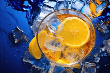  a glass of lemonade with ice cubes and a slice of lemon on a blue surface with water splashing around it.