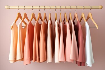 Hangers with peach woman's silk blouses on a beige background. Concepts: fashion, showroom, sale, decluttering, order in the house, organization of space, choice