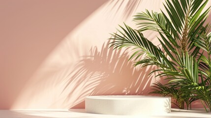 Minimal abstract background with shadow of tropical palm leaves. Podium on a peach wall.