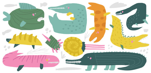 Underwater dinosaurs set. Cute hand drawn doodle dinos collection, turtle, Mosasaurs, fish, ichthyosaurus, Plesiosaurus, ancient crocodile, nautilus shell. Extinct creatures clipart for kids