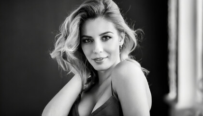 Naklejka premium Black and white closeup of a beautiful young woman looking straight ahead