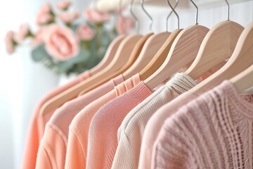 Obraz premium Hangers with woman's pastel colors clothes in a clothing store or wardrobe. Concepts: fashion, showroom, sale, decluttering, order in the house, organization of space, choice