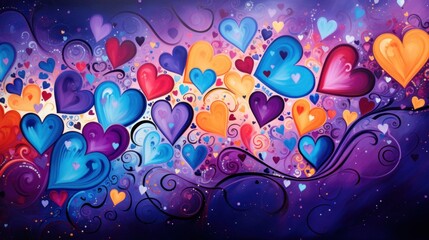 Fototapeta na wymiar a painting of many hearts with swirls and swirls on a blue and purple background with space for text.