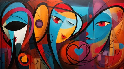  a painting of a woman's face with red, blue, yellow, and orange colors on the side of a building.