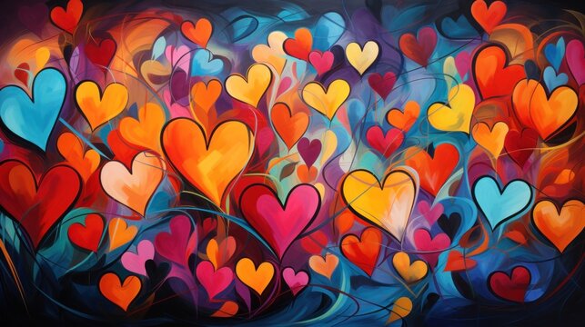  a painting of a bunch of hearts on a black background with red, orange, yellow, and blue colors.