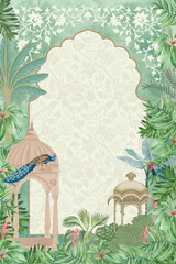 Tropical mughal garden with peacock, arch frame hand drawn illustration for invitation - obrazy, fototapety, plakaty