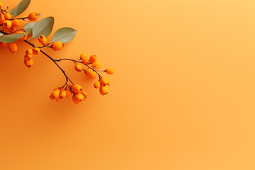 Orange sea buckthorn berries on yellow background. Banner. Place for text. - obrazy, fototapety, plakaty