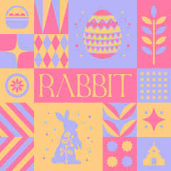 Easter Rabbit seamless pattern in scandinavian style postcard with Retro clean concept design