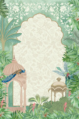 Tropical mughal garden with peacock, arch frame hand drawn illustration for invitation