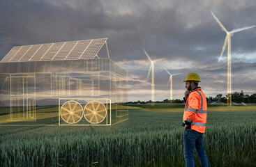 Engineer looking at digital solar power projects in field