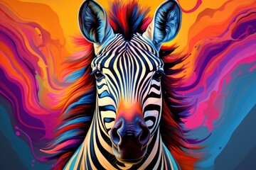 Fototapeta na wymiar a close up of a zebra's face in front of a multicolored background with swirls in the background.