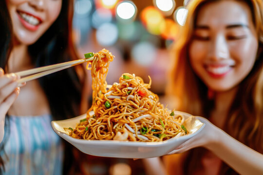 Two women smiling and enjoying a meal of delicious Asian noodles, sharing food in a cozy restaurant setting.