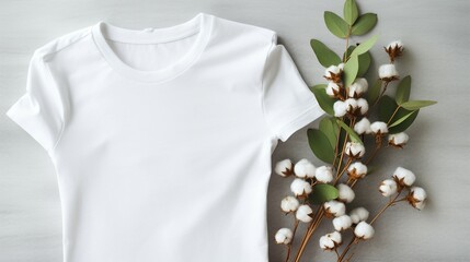 Eco-Friendly White T-Shirt and Cotton Flowers: A Sustainable Lifestyle Concept on Isolated Background