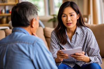 An attentive Asian woman listens to her elderly family member while holding a document, sitting in a comfortable living room.