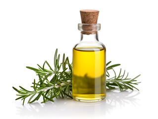 Obraz na płótnie Canvas Olive oil in a bottle with rosemary leaves on white background. Banner.