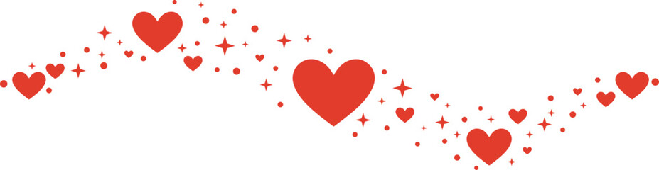 Red valentine day celebration clip art wave, greeting banner concept, hand drawn design with heart and stars, isolated