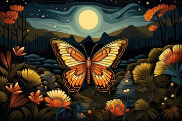  a painting of a butterfly in a field of flowers with a full moon and stars in the sky in the background.