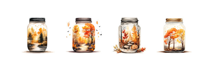 Jar in the middle of an autumn tree watercolor. Vector illustration design.