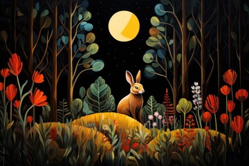 Obraz na płótnie Canvas a painting of a rabbit sitting in the middle of a forest at night with the moon in the sky above.