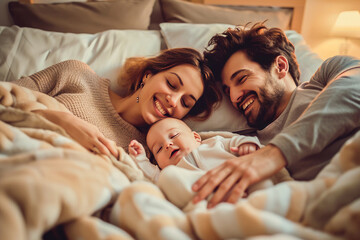 A loving family with a baby resting happily together on a cozy bed, sharing a moment of joy and affection. - Powered by Adobe