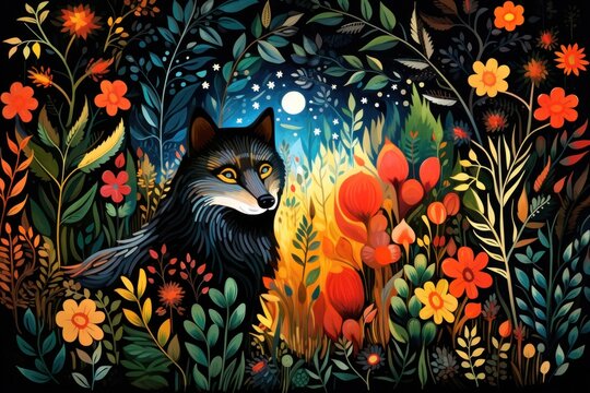  a painting of a fox in a field of flowers with a full moon in the sky and stars in the sky.