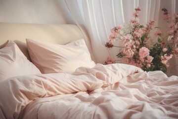  a bed with a white comforter and pink flowers in a room with white curtains and a white headboard.