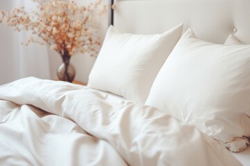  a bed with white sheets and pillows with a vase of flowers on the side of the bed with white sheets.