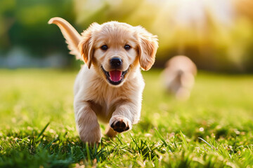 An adorable golden retriever puppy happily running through sunlit grass in a playful and energetic scene of joy.
