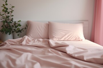  a bed with a pink comforter and two pillows and a plant in a vase on the side of the bed.