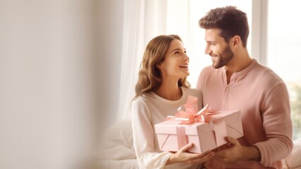 Couple comprising female and male partners holds gift in hands. Man orchestrated delightful surprise for beloved girlfriend presenting substantial gift, copyspace