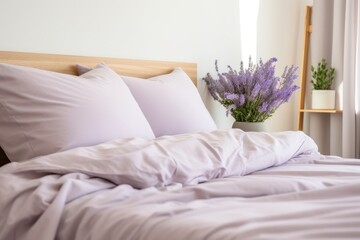  a bed with white sheets and pillows with a vase of lavender flowers on the side of the bed in front of the window.