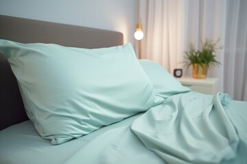  a close up of a bed with a light blue comforter and a plant on the side of the bed.