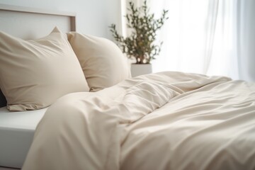  a close up of a bed with a white comforter and pillows with a plant in the corner of the bed.